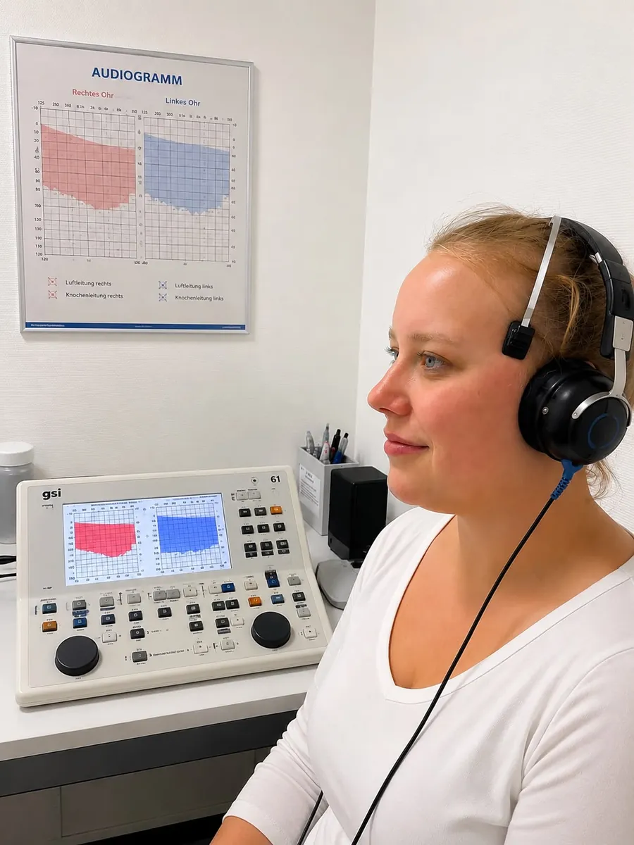 Tonaudiometrie: Hörprüfung mit Kopfhörern am Audiometer